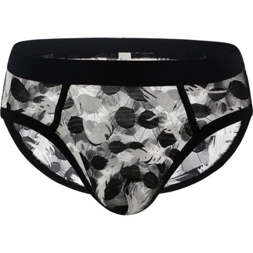 Men Sexy Briefs Breathable Mesh Transparent Flower Printed Elastic Low Waist Spandex Underwear Underpants Apparel Gay Underwear