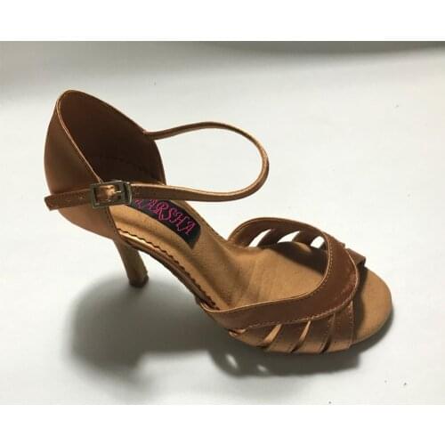 Fashion and comfortable womens latin dance shoes tango ballroom salsa shoes in dark tan satin 8.5cm heel 6260DTN