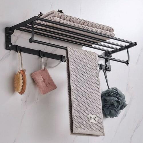 Towel Rack Wall Mounted Folding Bath Towel Holder Storage Shelf with Hooks Space Aluminum Black Bathroom Shower Room Accessories