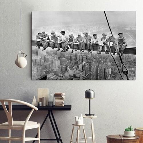 Vintage Canvas Painting Modern Home Decoration New York City View Lunch On a Skyscraper Wall Art Picture Black And White Poster