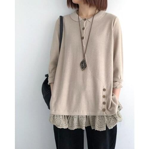 Vintage Lace Patchwork Knitted Women Sweater Pullovers Loose Button Solid Casual All Match Female Pulls Tops
