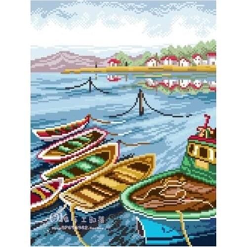 Bead embroidery Calm harbour Ship with Pre-Printed Canvas Pattern creative kit Bead Necklace Home decoration 14.2"x18.9"