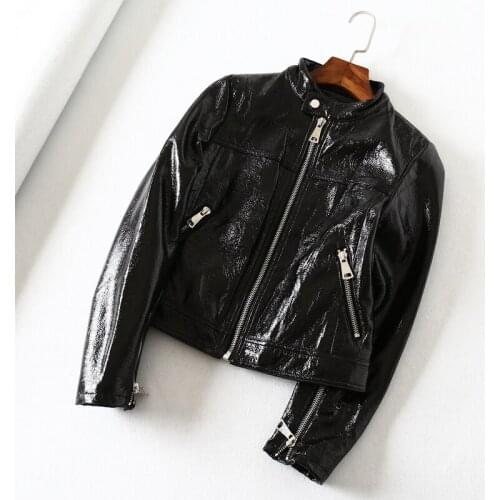 Korean Women Stand-up Collar Slim Faux Glossy PU Leather Jacket Black Short Outerwear Spring Autumn 2021 Streetwear Biker Jacket