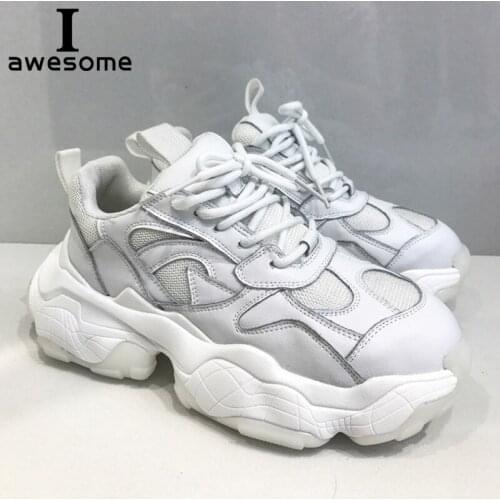 Genuine Leather Fashion Womens Chunky Sneaker 2021 Platform Women Dad Sneakers Thick Sole Shoes Lace-up Casual White Flats