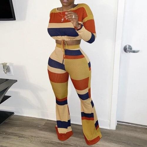 Women Tracksuits Two Pieces Set Long Sleeve Top Long Flared Pants 2 Pieces Set Sports Party Clubwear Suit Striped Outdoor Wear