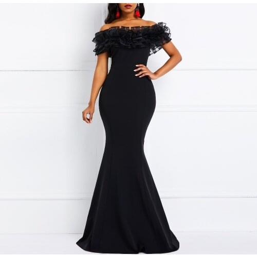 Women 2021 Summer Dress Off-The-Shoulder Ruffles Patchwork Slash Neck Mermaid Party Dinner Elegant Evening Black Maxi Dress