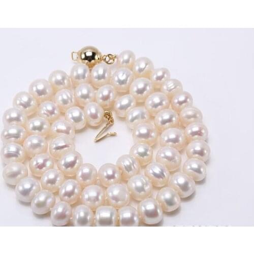 Women Jewelry natural pearl 8x9mm bright white freshwater pearl gold round clasp necklace gift 43cm 17