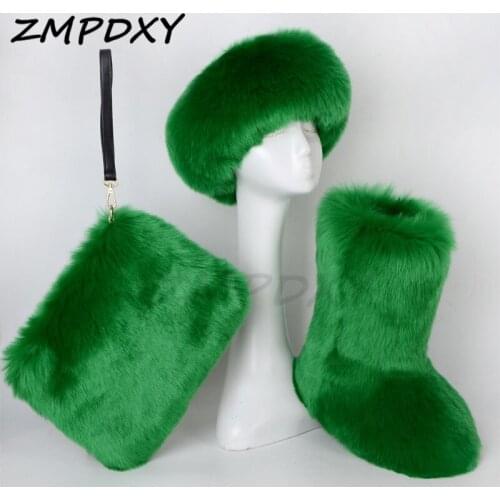 Unisex Winter Faux Fur Mid-Calf Snow Boots Purse Handbag Headband Three-Piece Set Women Fluffy Fox Fur Warm Shoes Size 36-44
