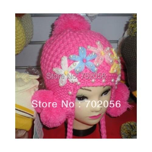 2015 winter girls pearl flower handmade Crochet Hat Beanie Knitted hat 20pcs/lot #3313