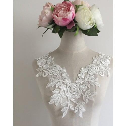 1PCS 100% Polyester Off White Floral Lace Collar Fabric Trim DIY Embroidery Lace Fabric Neckline Applique Sewing Craft