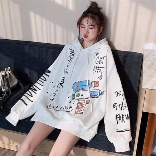 2019 White Women Loose Sweatshirts Autumn Long Sleeve Cute Cartoon Print Harajuku Hoodie Streetwear Kwaii Oversized Tops Girls