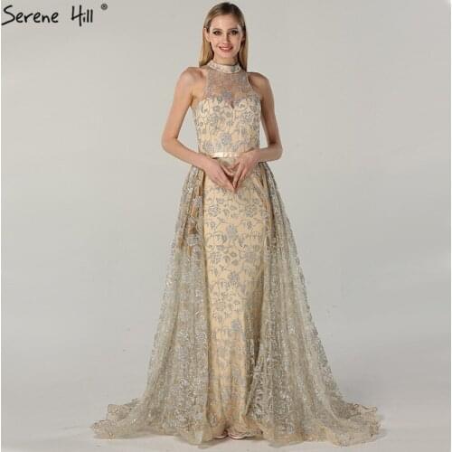 Glitter Halter Luxury Nude Gold Vintage Evening Dresses Sparkle Sexy Sleeveless Evening Gowns 2020 Serene Hill CLA6085