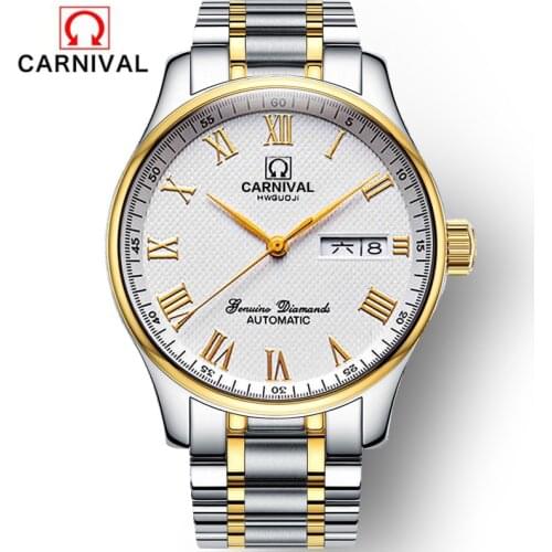 CARNIVAL Brand Fashion Silver Gold Watch Men Luxury Dress Mechanical Wristwatch Waterproof Automatic Calendar Relogio Masculino