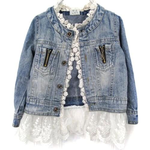 Girls Jean Jackets Kids Lace Coat Long Sleeve Button Denim Jackets For Girls 2-7Y New Woolen Fashion Patchwork
