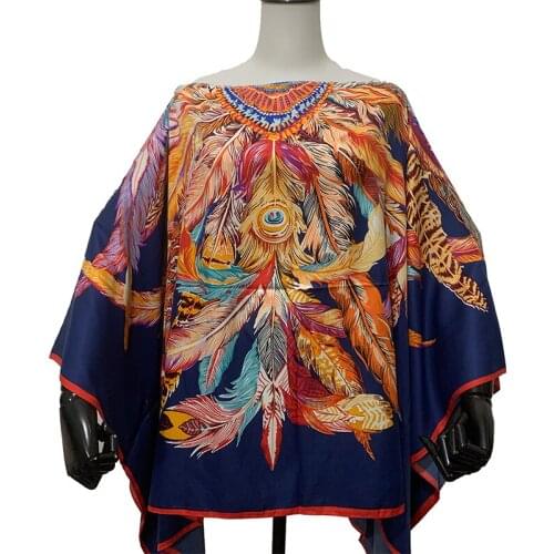 Elegant Feathers Printed One-Shoulder Summer Womens Blouse Free Size Bohemian Thailand Holiday Style Evening Party Silk Kaftan