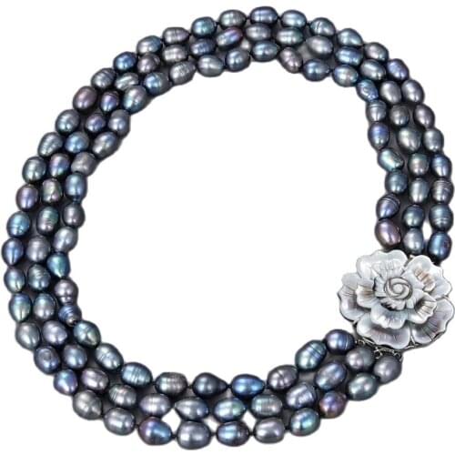 GG Jewelry 18'' 3 Strands Black Rice Pearl Necklace