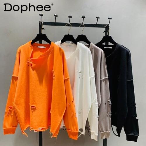 Korean Version Style Loose Hole Hoodies Round Neck Sweatshirts 2021 Popular Spring Clothing Mid-Length Ins Trendy Top for Women
