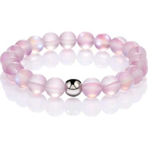 Round Mystic Rainbow Glass Beaded Stretch Bracelet 8mm Matte Moonstone Beads Elastic Bracelet Wristband Women Jewelry