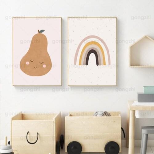 Cute Cartoon Pear Rainbow Door Abstract Modern Childrens Room Decoration Home Wall Painting Frameless Canvas Printing Poster