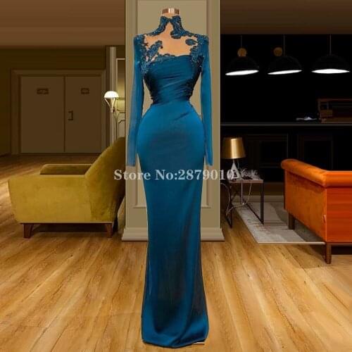 Muslim Elegant Mermaid Evening Dress Floor-Length Slit Prom Dress Celebrity Dress Applique Middle East Saudi Arabia 2020 Dubai
