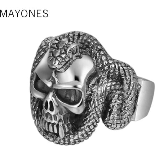 MAYONES Punk Rock Cool Men Skull Cobra Rings Hand Carved Pattern Solid 925 Sterling Silver Vintage Thai Silver Halloween Jewelry