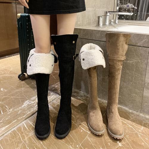2021 New Winter Boots Women Knee High Long Boots Leather Fashion Lace-Up Snow Boots Non-Slip Black Boots Shoes Woman
