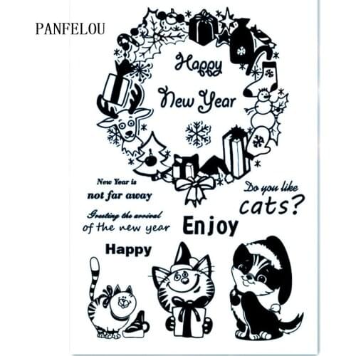 PANFELOU 11*16cm Happy New Year cat wreath Transparent Silicone Rubber Clear Stamps Scrapbooking/DIY Easter wedding cards