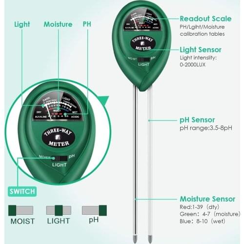 PH Meter 3 in 1 Soil Ph Meter Soil Tester PH Moisture Meter Temperature Sunlight Intensity Measurement Analysis Acidity Alkali