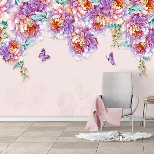 Custom Photo 3D Romantic Hand Painted Floral Flowers Butterfly Mural Papel De Parede 3D Living Room Bedroom Decoration Wallpaper