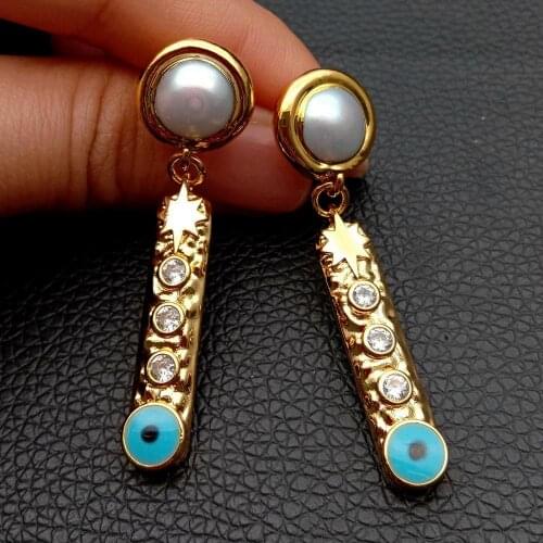 Cultured White Pearl Cz pave Enamel Evil Eye Dangle gold color plated Stud Earrings