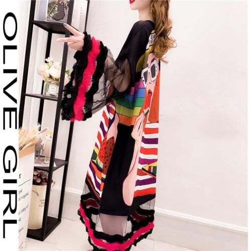 Plus Size T-shirt Dress Korean Womens Summer Flare Sleeved Print Loose Long Tees Fashion Brand Sweet Ladies Mesh Stitching Top