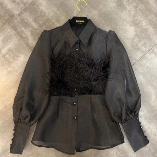Net red same spring 2020 new polo long sleeve ostrich hair decoration Organza fashion shirt female