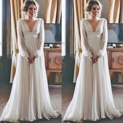 SuperKimJo Chiffon Beach Wedding Dresses 2020 Robe De Soirée De Mariage V Neck Long Sleeve Elegant Wedding Gown 2021