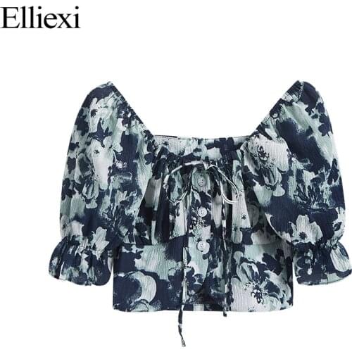 Elliexi Summer 2021 Puff Sleeve Tops tie-dyed Square Collar Woman Vintage Short Cropped Blouse Sexy Back Opening Bow Chic Femini