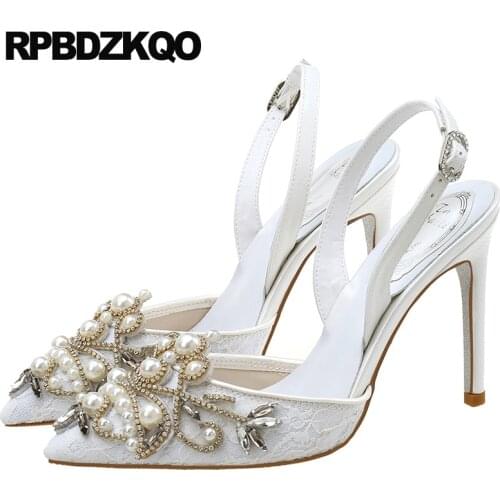 Pointed toe slingback scarpin pumps high heels jewel pearl crystal women 8cm white ivory shoes wedding bride ultra lace peach