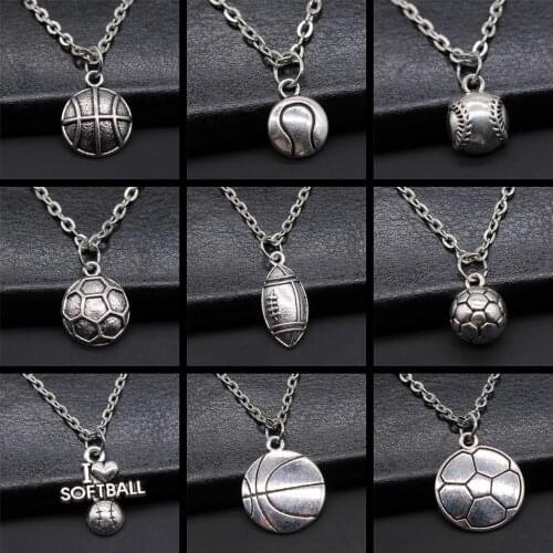 Vintage Antique Silver Color Sport Jewelry Necklace Volleyball Soccer Basketball Baseball Pendant Necklaces Metal Chain Gift