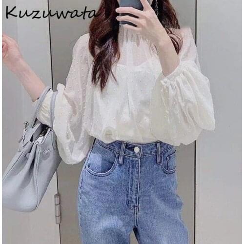 Kuzuwata Office Lady Solid Lantern Long Sleeve Blusas 2021 Spring New Elegant Women Shirts Fashion Stand Collar Chiffon Blouse