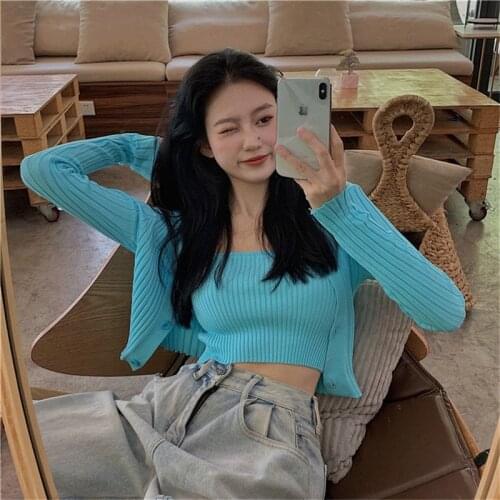 Two Piece Set Cardigan Women Knitted Sexy Candy Color Long Sleeve Ribbed Autumn Cropped Sweater with Vest