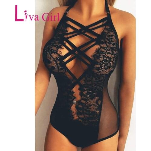 LIVA GIRL Red/Black Strappy Lace Goth Teddy Bodysuit Woman Flowered Mesh Sexy Bodycon Jumpsuit Female Patchwork Body Tops