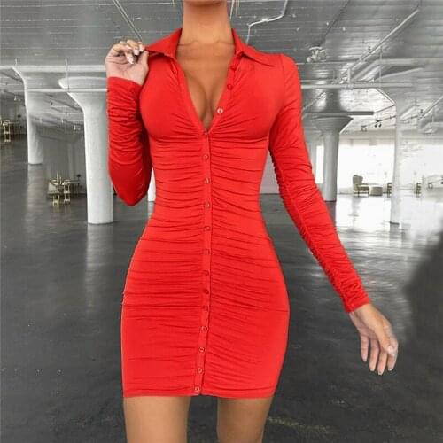 Women Sexy Party Bodycon Mini Dress Long Sleeve Solid Color Button Down Ruched Vestidos Fashion Club Clothes Autumn Spring S-XL