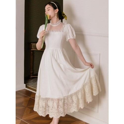 Womens French White Ruffled Square Neck Dress Lace Mesh Embroidery Gentle Retro Puff Sleeve Midi Party Dress