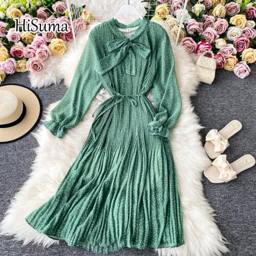 2021 Sping New dot Base Chiffon Dress Women Bow Neck Puff Sleeve lace-up chiffon Dress Female Chic Elegant A-line Dresses