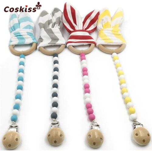 4pc Baby Wooden Pacifier Clip Teether Toy Food Grade Silicone Beads Wood Ring Bunny Ear Toddler Teething Nursing Newborn Teether