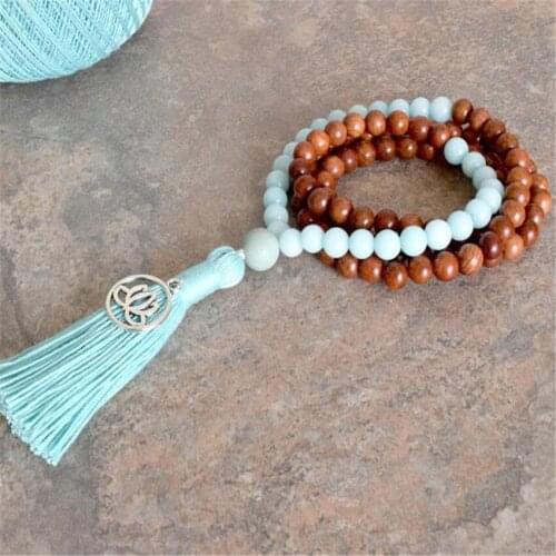8mm Sandalwood Blue Stone 108 Beads Handmade Tassel Necklace Prayer Japa Wristband Religious Classic