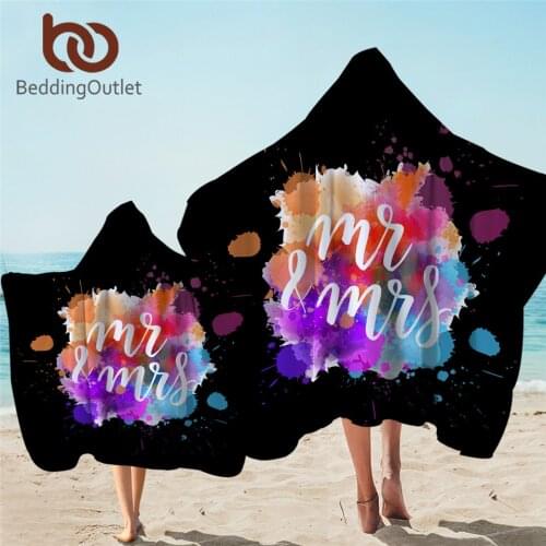 BeddingOutlet Mr and Mrs Hooded Towel Colorful Microfiber Bath Towel With Hood for Couples Watercolor Wearable Beach Wrap