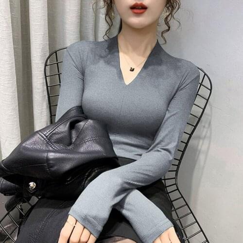 2021 Blusas New Fashion V-neck Cotton Bottoming Shirts for Women Solid Pullover Slim Fit T-shirt Casual shirt Elegant 11411