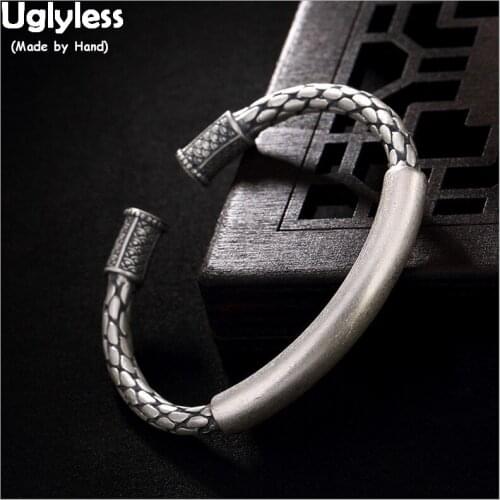 Uglyless Real 990 Silver Bangles Cool Neutral Fish Scales Engraving Bangle Women Vintage Thick Weave Jewelry Ethnic Twist Bijoux