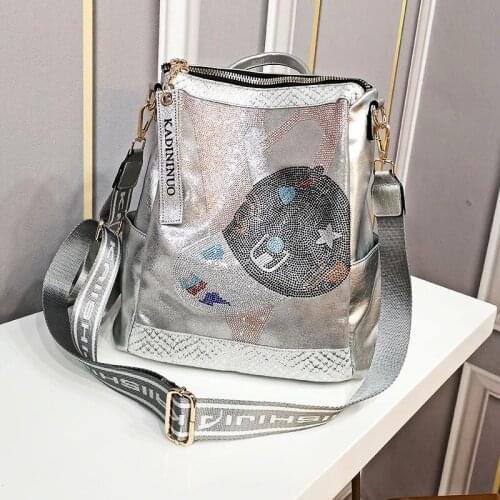 Brand Designer Backpack School Shoulder Bags Large Capapcity Mochila Soft Leather Sac A Dos Rhinestone Shining Print Bagpack