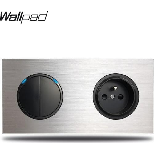 2 Gang Double Light Switch with French Wall Electrical Power Socket Silver Brushed Aluminum Alloy Panel Dual Plate, 172 * 86 mm