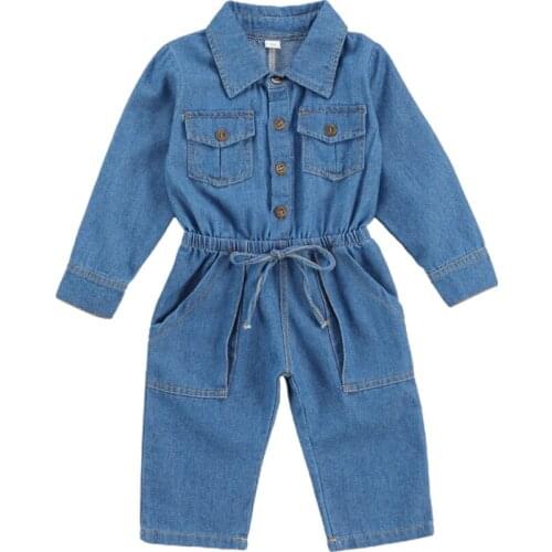 Infant Kids Baby Girl Romper, Denim Jumpsuit, Fall Long-Sleeved Lapel Collar Chest Pocket Lace-up High Waist Clothes